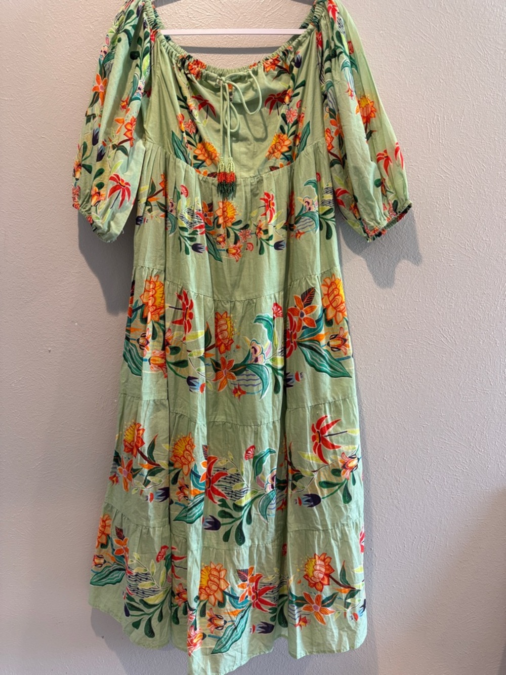 FARM Rio-Green Floral Off-Shoulder Maxi Dress. PTP 18-19”. Length 52”
